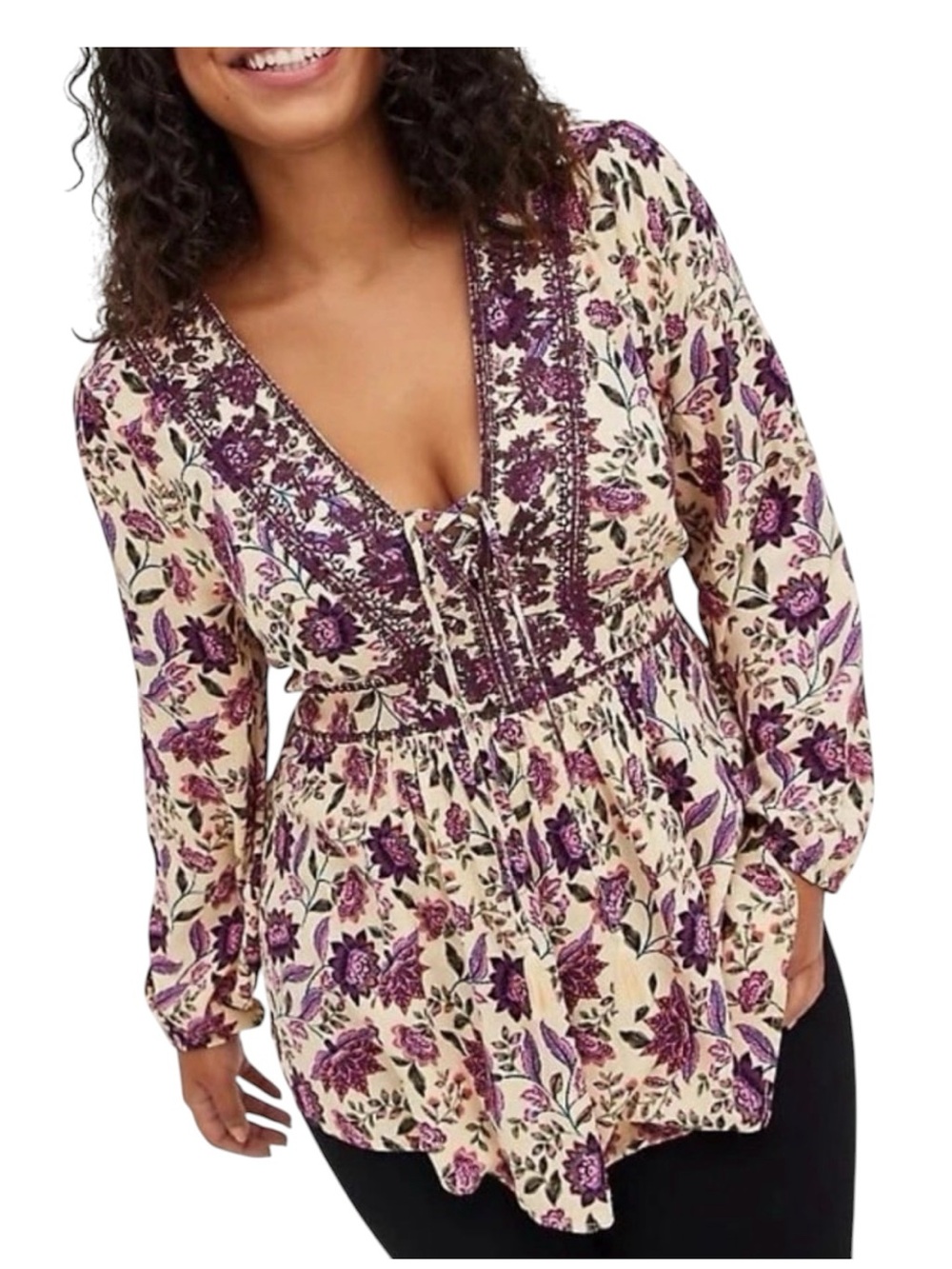 Torrid Esther Babydoll Embroidered Lace Up Top Tassels Size 3X Purple Floral